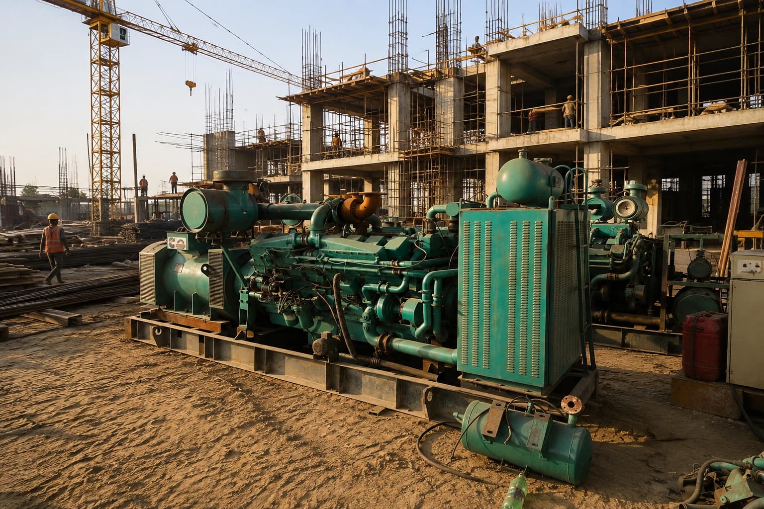 JAYCO POWER generator on rent at a construction site with tower crane — industrial power backup across Delhi NCR