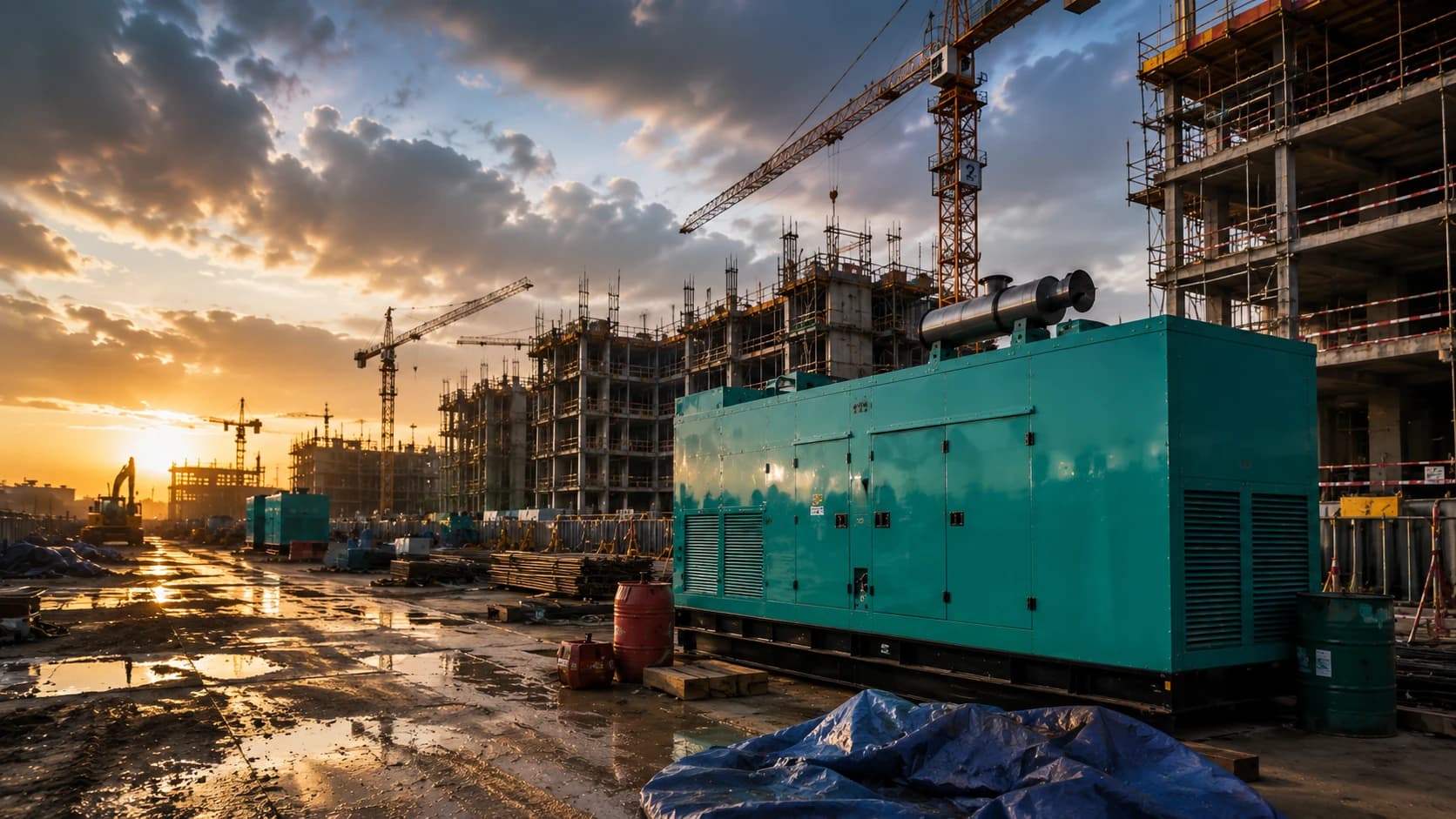 JAYCO POWER diesel generator on rent at a construction site with tower cranes at sunset